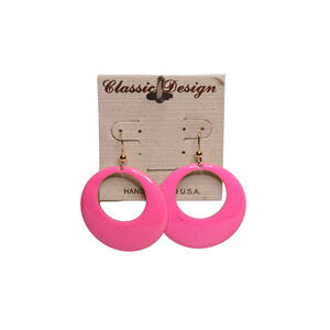 Classic Design Pink Dangle Hoop Metal Hook Earrings 1.5 Inches On Card